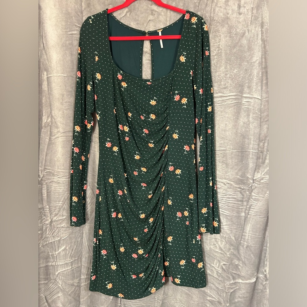 Free People Celia Mini Long Sleeve Square Neck Keyhole Back Dress Size XL green